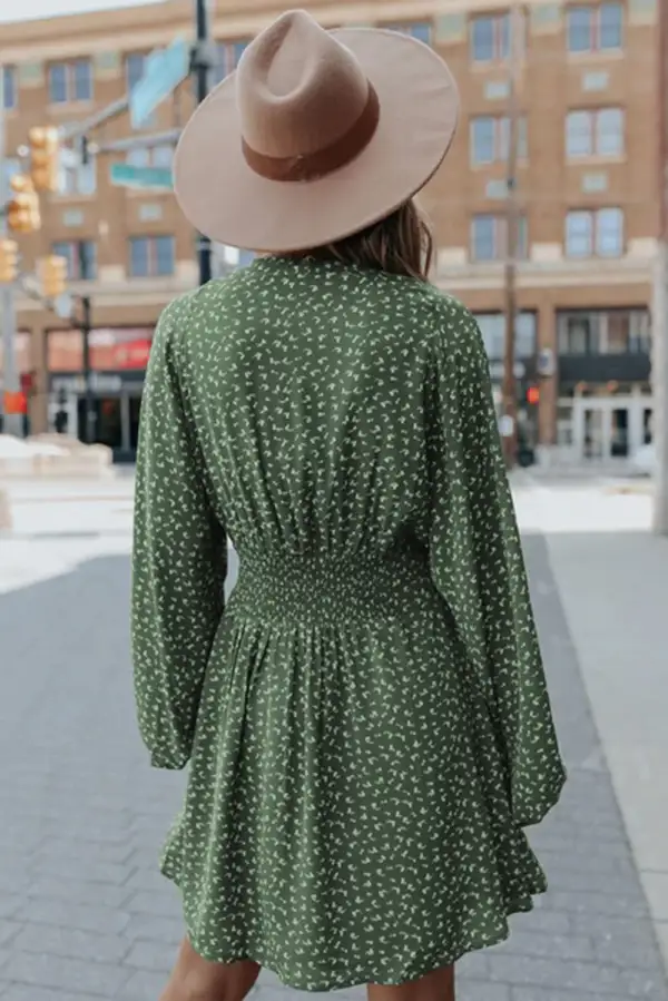 V Neck Balloon Sleeve Smocked Waist Printed Mini Dress