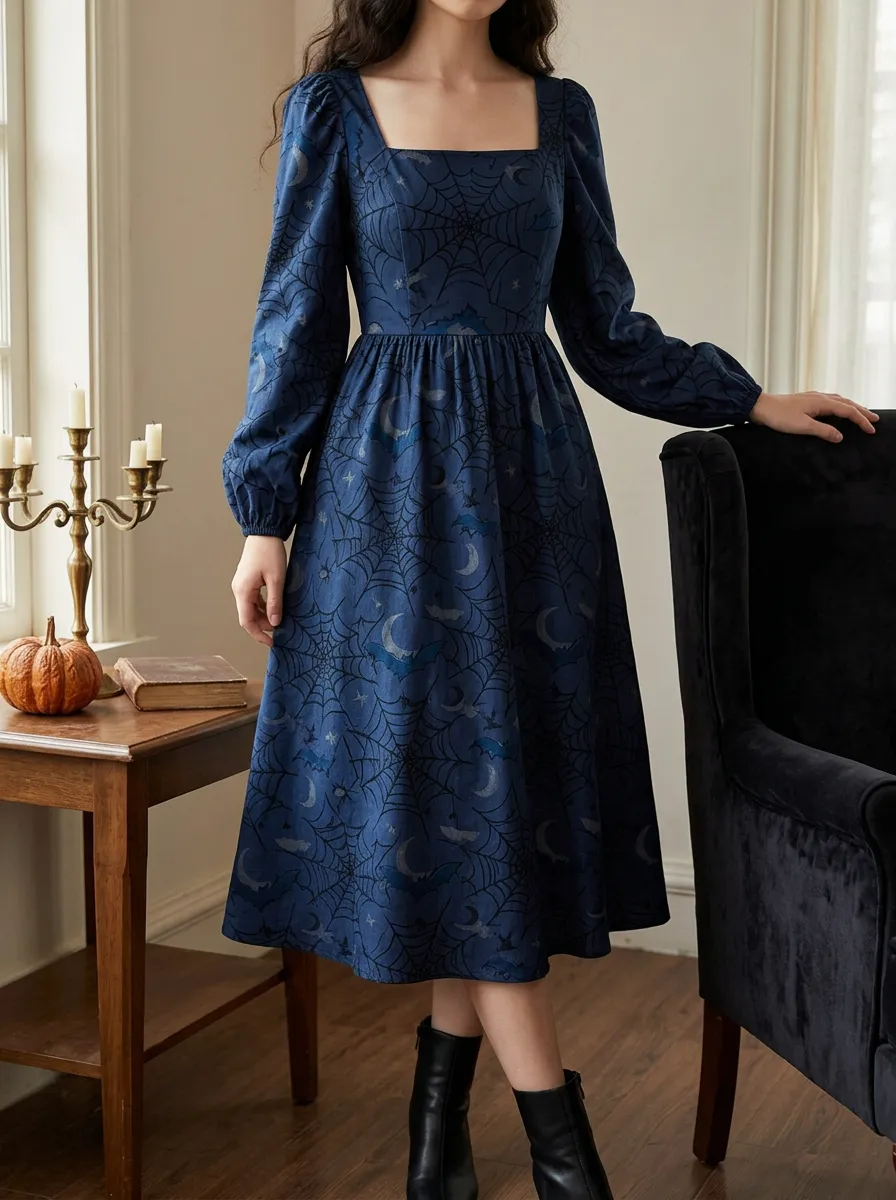 Women's Halloween Gothic Moon Spiderweb Bat Printed Dress
