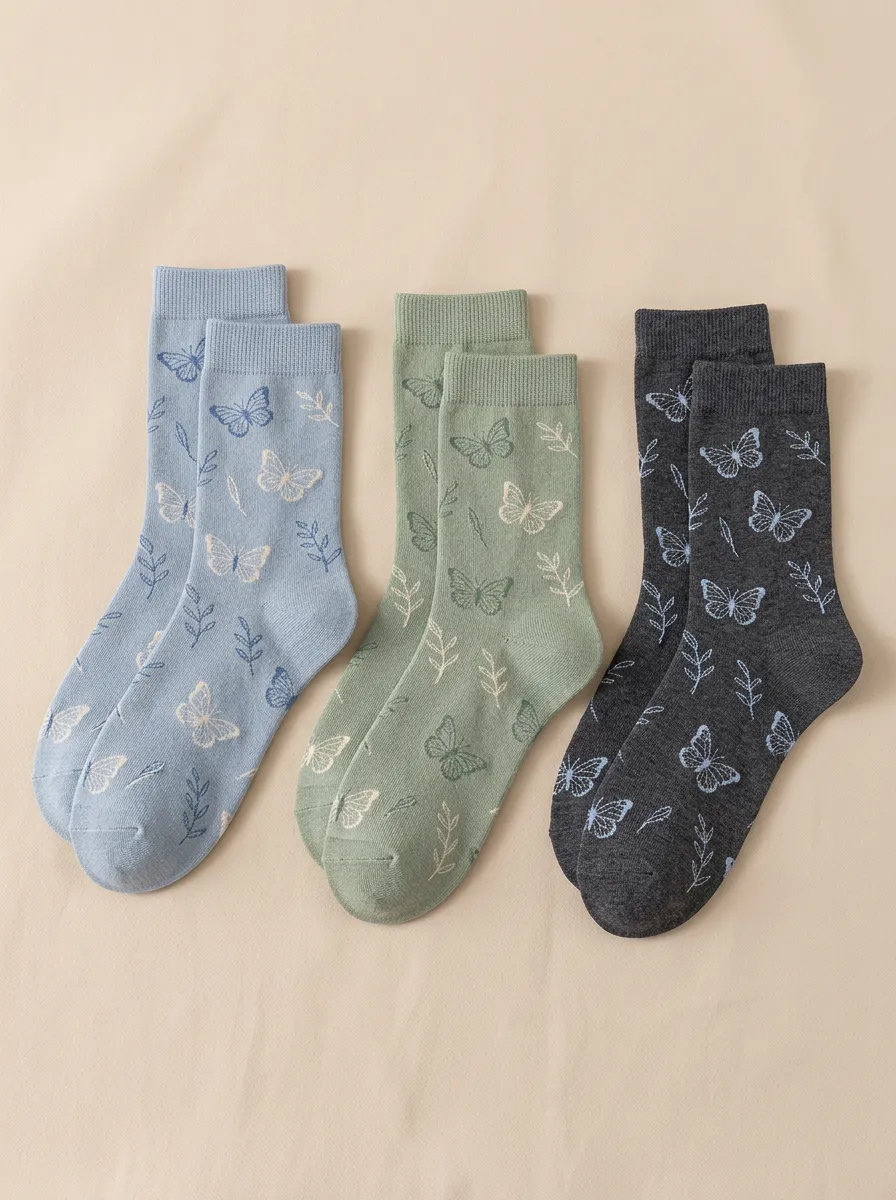 Women's Butterfly Leaf Botanical Crew Socks Three Pair Set