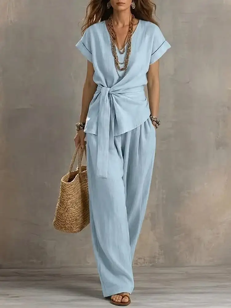 Refined Short-Sleeve V-Neck Women's Matching Set