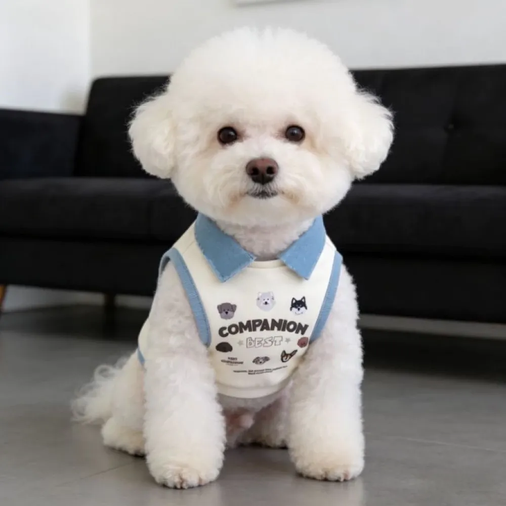 Pet Dog Vest Denim Lapel Sleeveless Shirt Cartoon Dog Face Print Soft Cotton Clothes for Small Medium Puppy Kitten