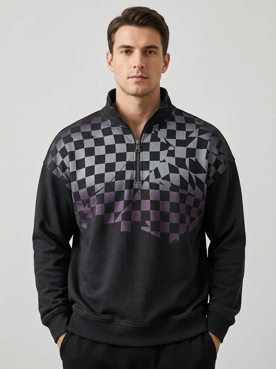 Casual Half-Zip Checkered Geometric Men's Half-Zip Sweatshirt