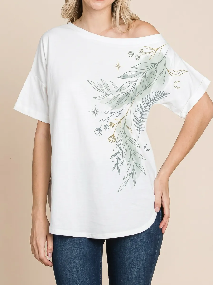 Women's Botanical Celestial Leaf Printed T-shirt