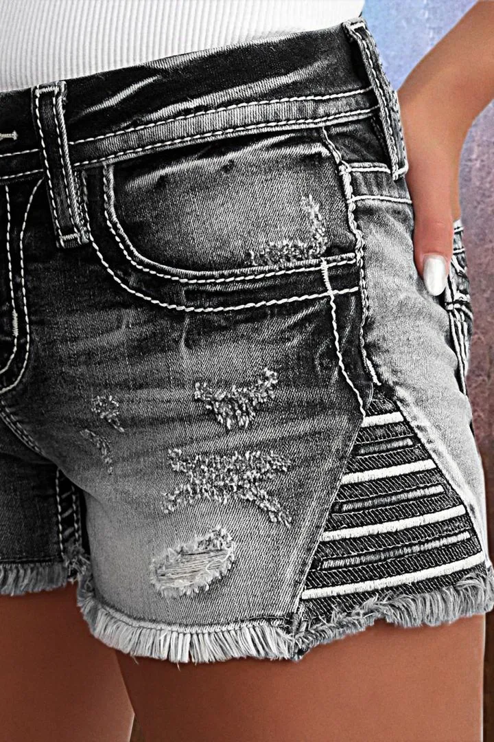 Embroidered Ripped Raw Hem Denim Shorts