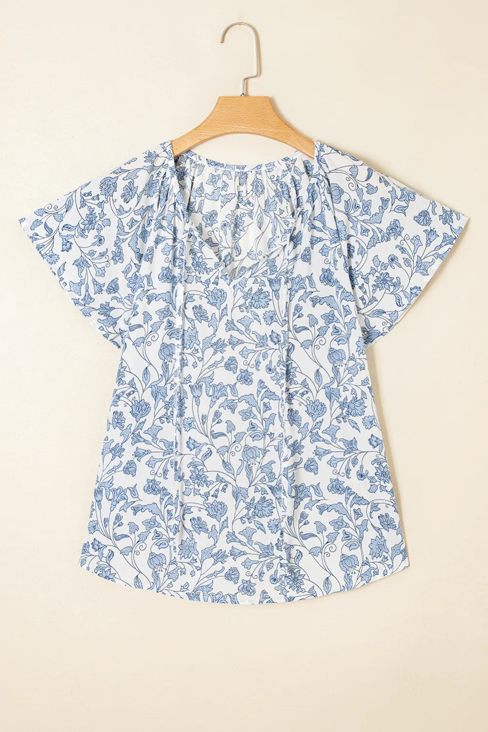 Sky Blue V Neck Short Sleeve Blouse