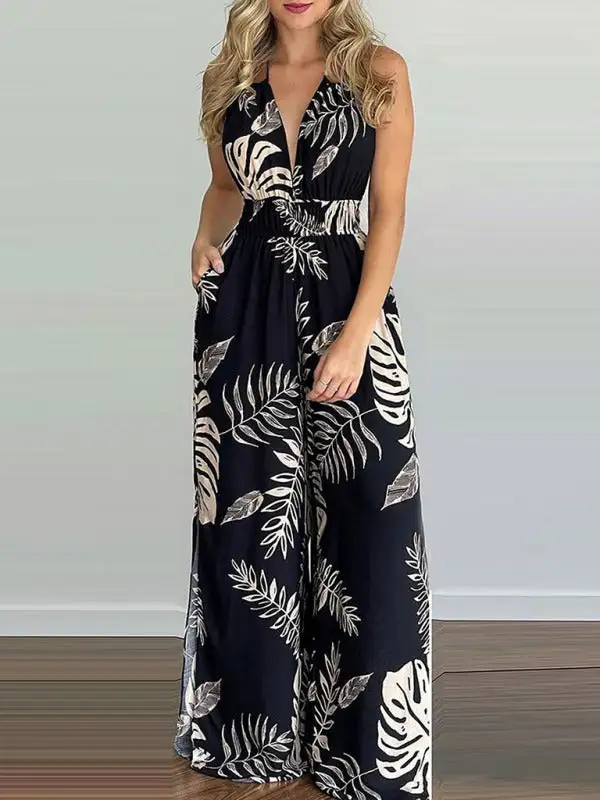 Irregular Printed Halter Neck Jumpsuit