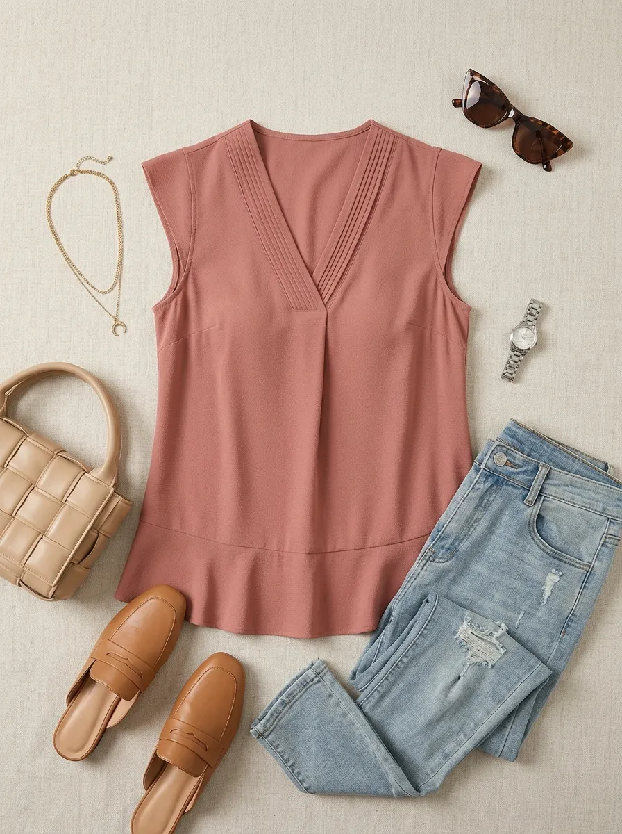 V-Neck Pleated Sleeveless Blouse