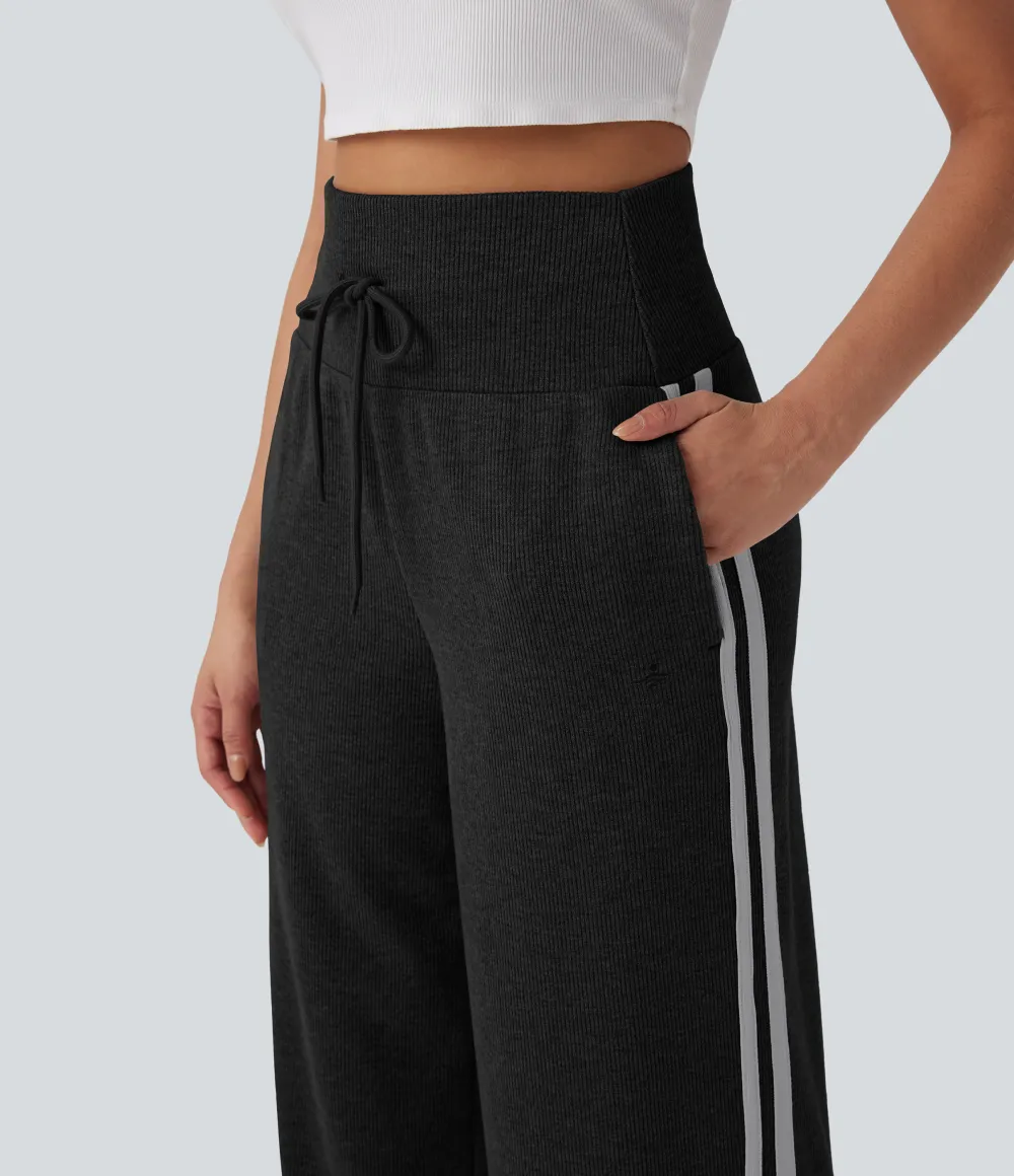 2026🔥  Ribbed SoCinched High Waisted Tummy Control Drawstring Wide Leg Color Block Casual Trousers with Pockets