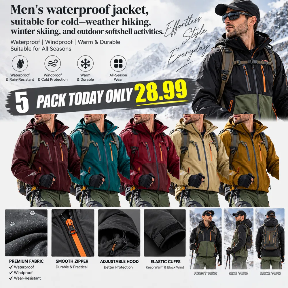 Men's waterproof jacket, suitable for cold-weather hiking, winter skiing, and outdoor softshell activities.
