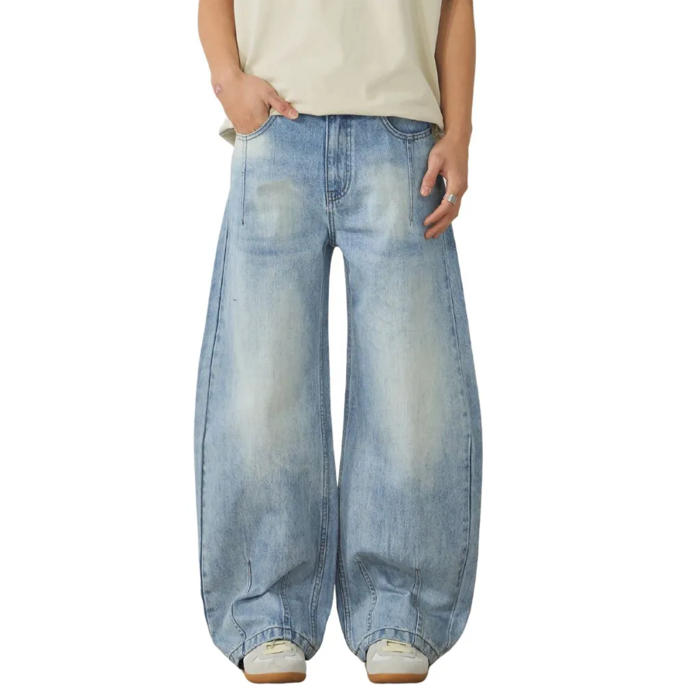 Barrel Leg Pleated Denim Jeans