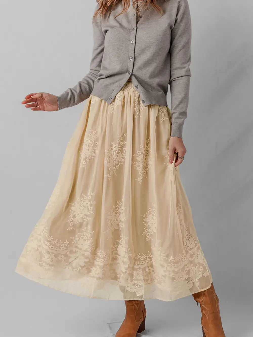 Mesh Overlay Lace Detail Embroidered Midi Skirt