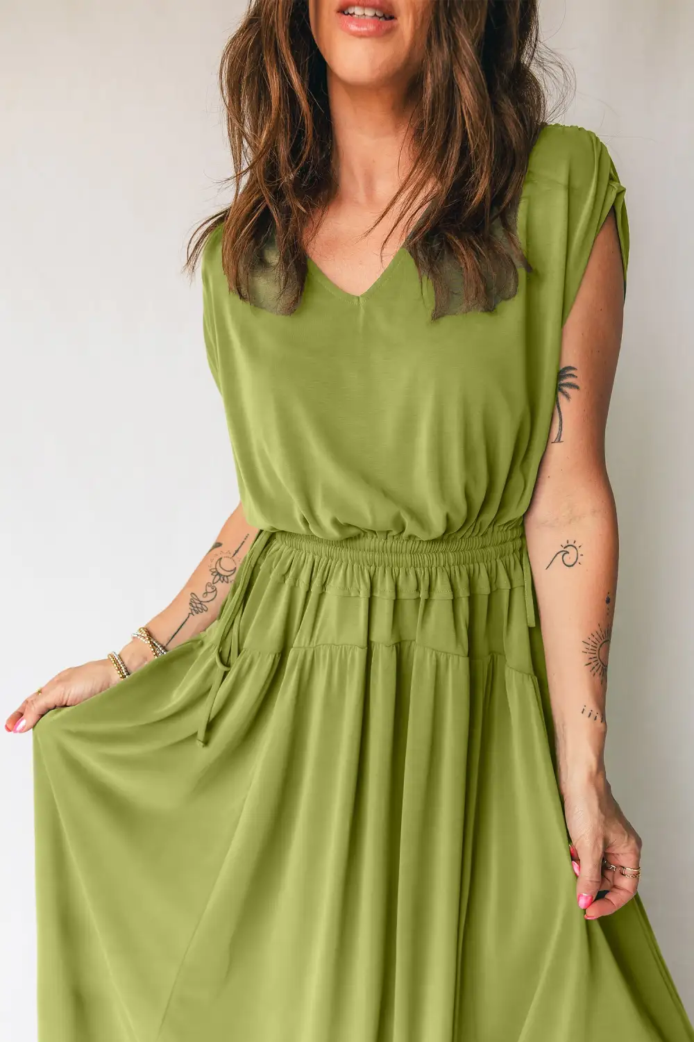 Fern Solid V Neck Cap Sleeve Tunic Elastic Waist