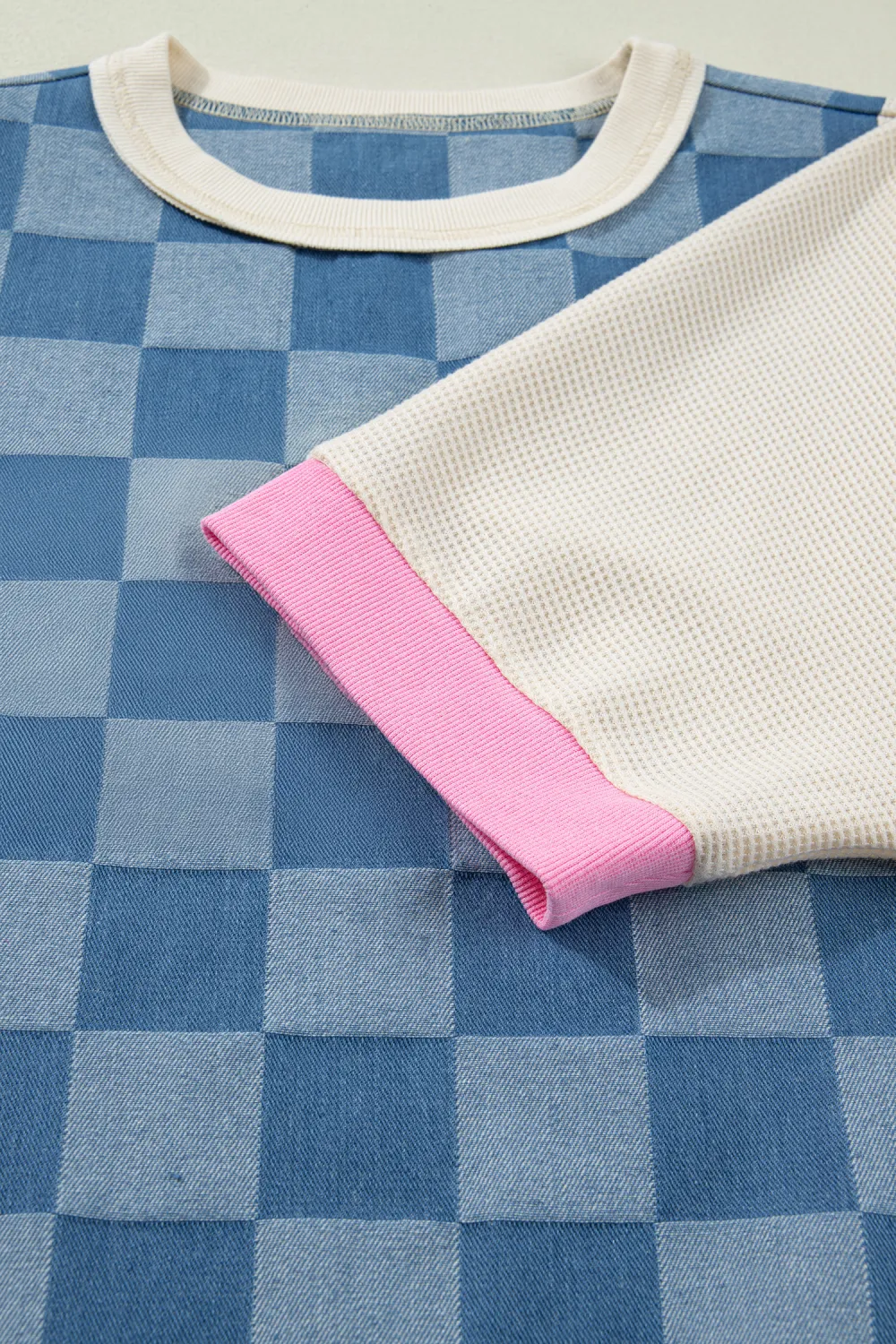 Dusk Blue Checkered Denim Patchwork Top