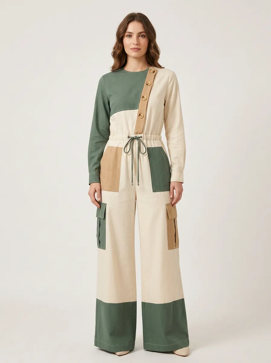 Women's Patchwork Colorblock Cargo Graphic Jumpsuit