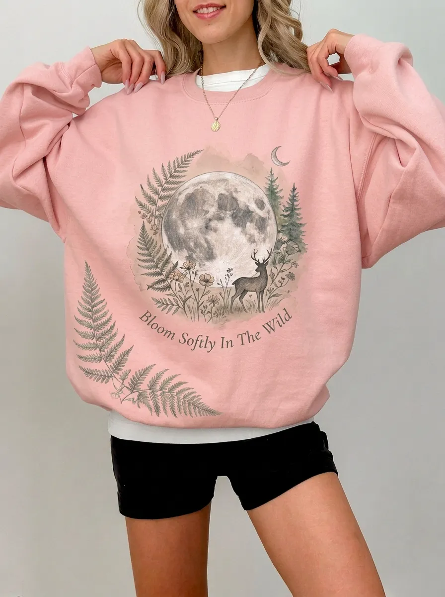 Women's Nature Moon Deer Fern Graphic Sweatshirt