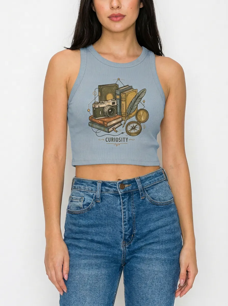 Women's Curiosity Book Camera Compass Printed Ribbed Crop Top