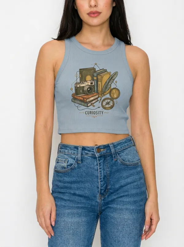 Women's Curiosity Book Camera Compass Printed Ribbed Crop Top