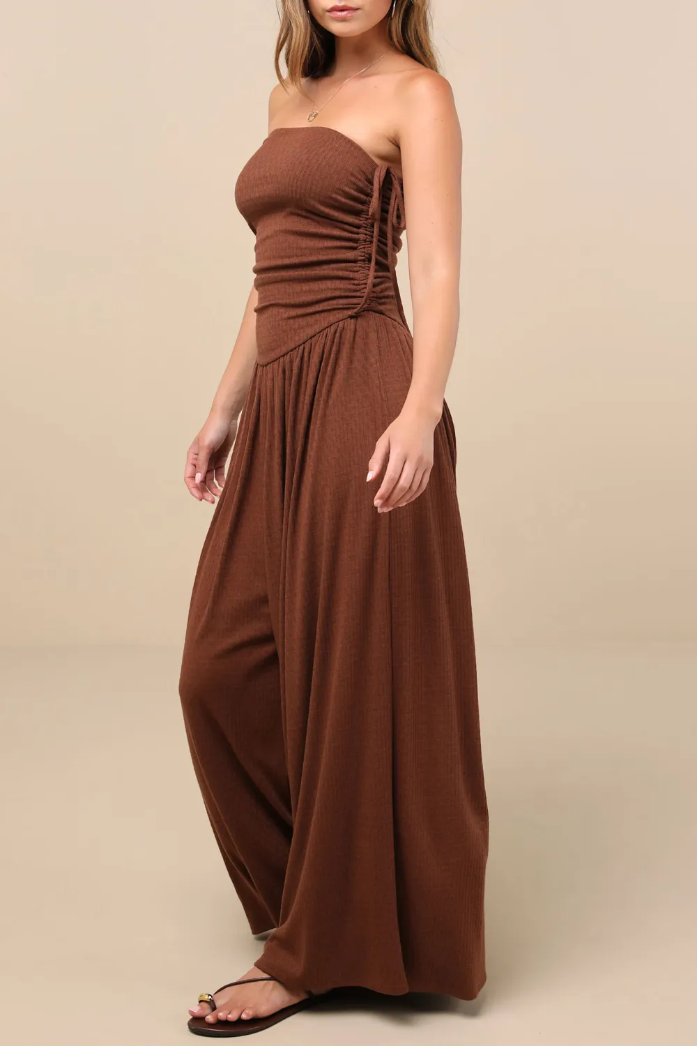 Casual Style Pointelle Strapless Wide-Leg Jumpsuit