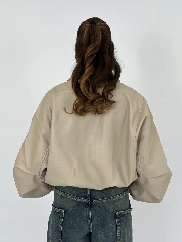 Drawstring Puffy Leather Bomber Jacket