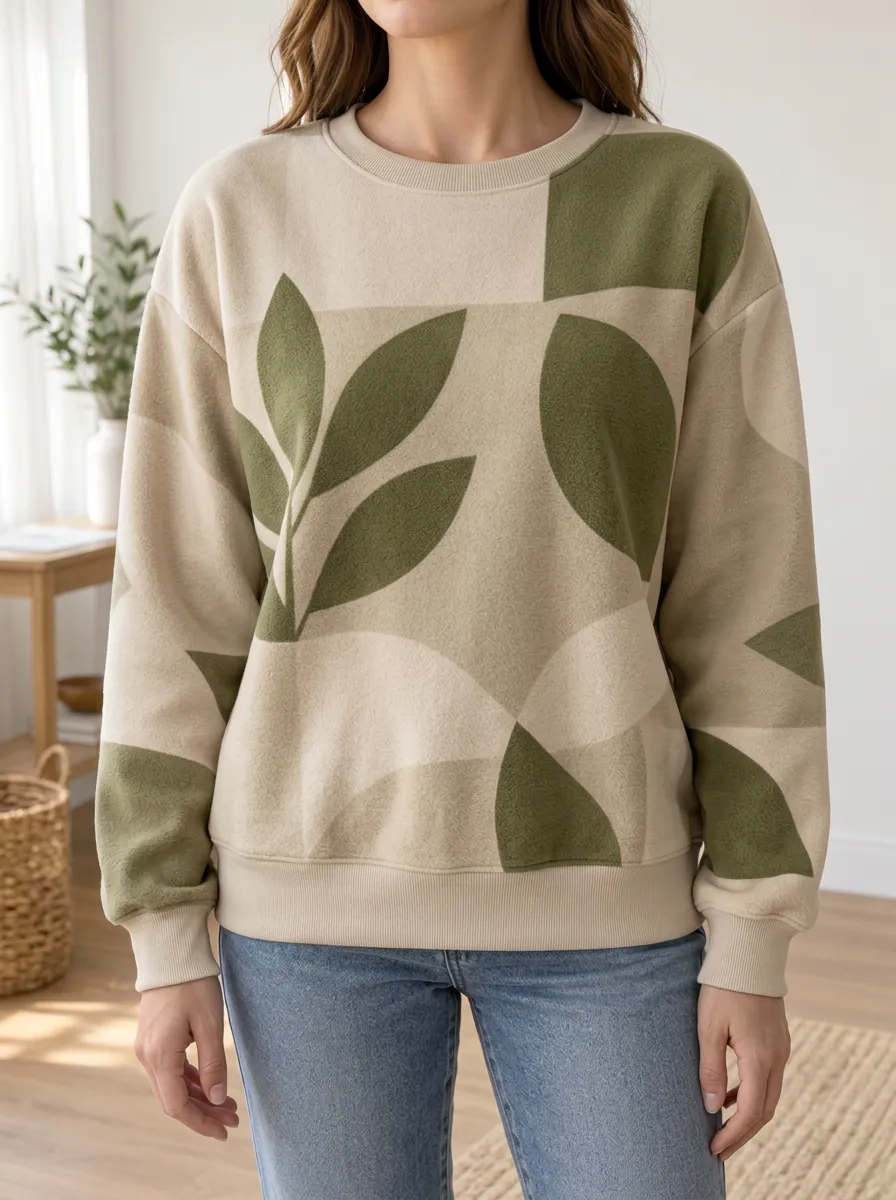 Women's and Olive Leaf Print Crewneck Sweatshirt