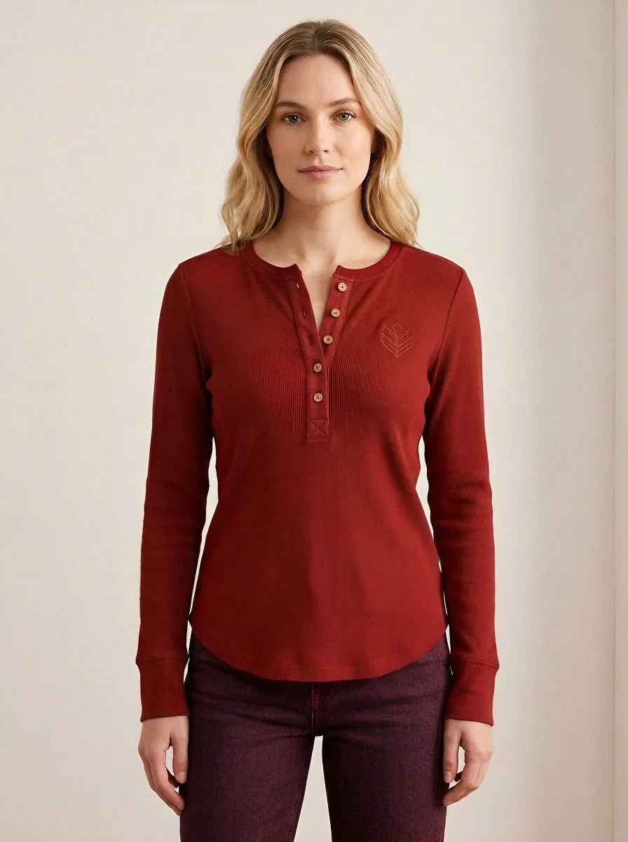 Women's Minimalist Leaf Logo Olive Ribbed Henley Shirt