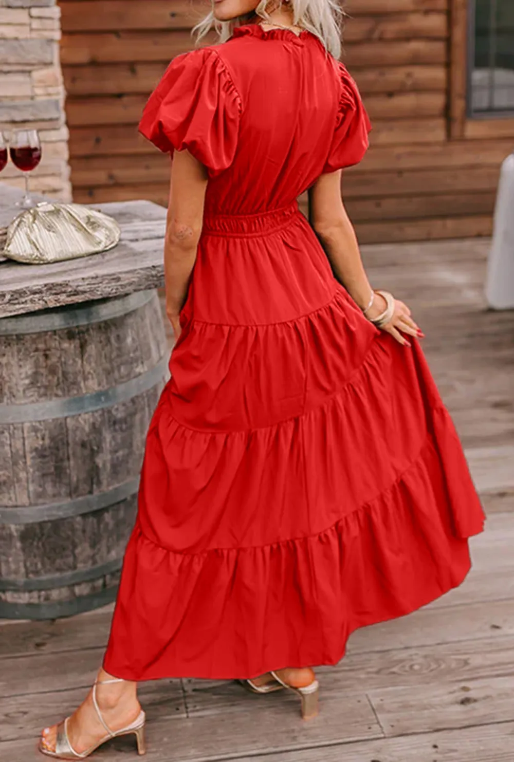 Elegant Solid Color V Neck Short Puff Sleeve High Waist Tiered Maxi Dress