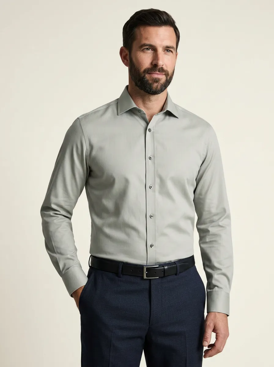 Men's Non-Iron Cotton Solid Light Grey Long Sleeve Dress Shirt