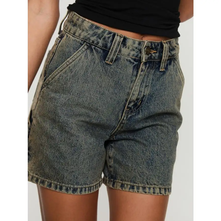 High Rise Pocketed Washed Denim Shorts