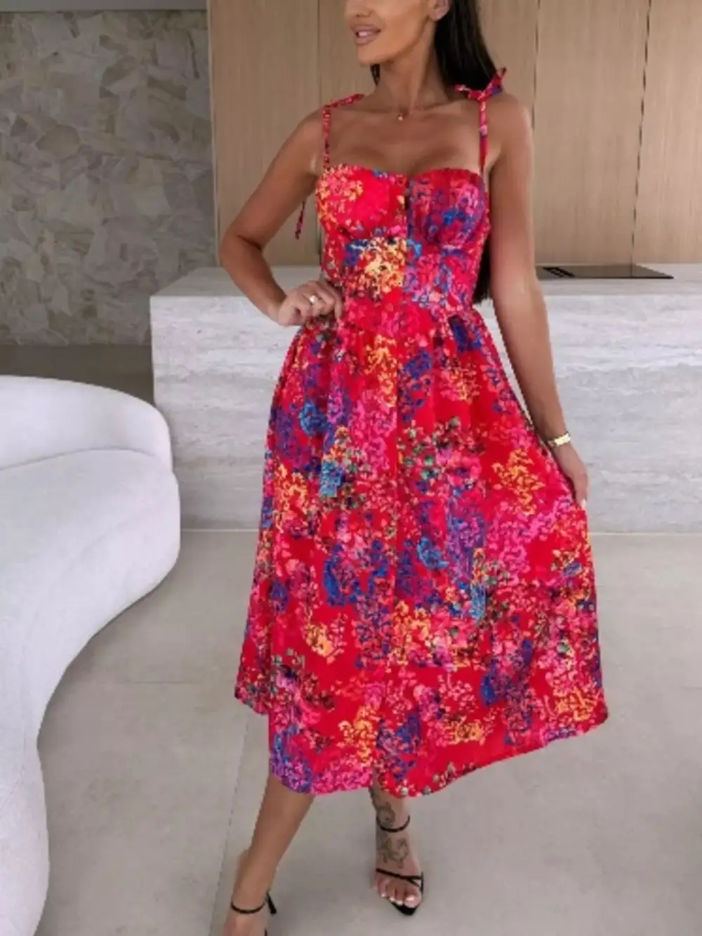 Printed Tie-strap Midi Dress