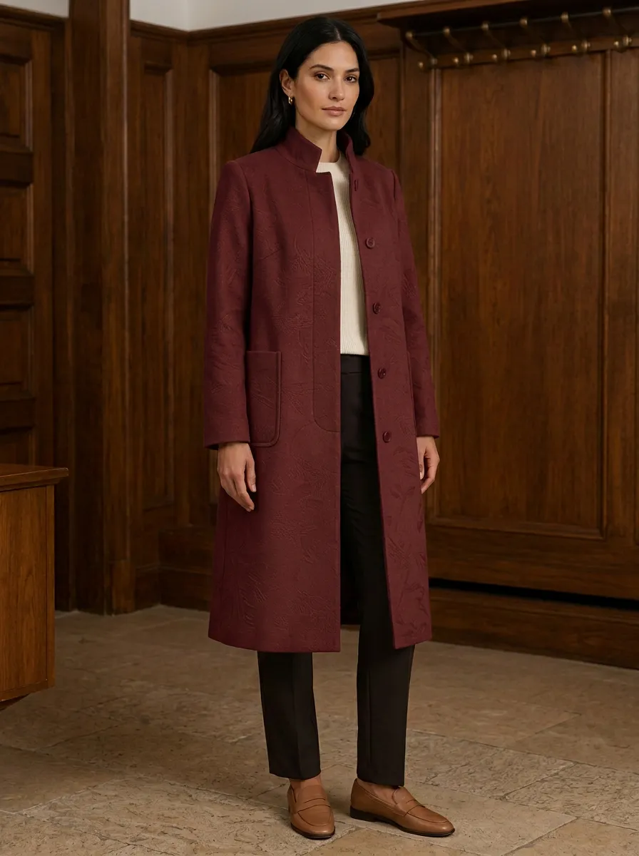 Women's Camel Floral Embossed Coat