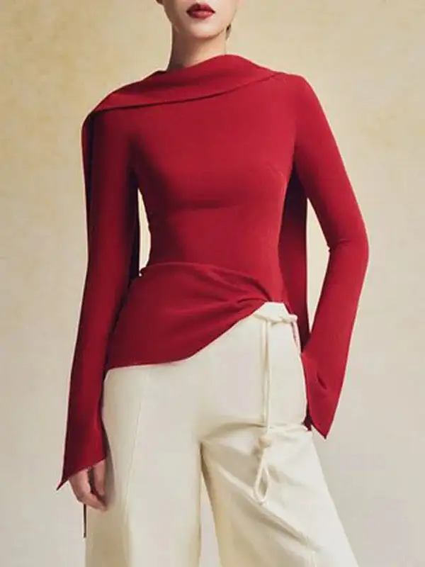 Flared Sleeve Long Sleeve Zip Detail Boat Neck T-Shirt