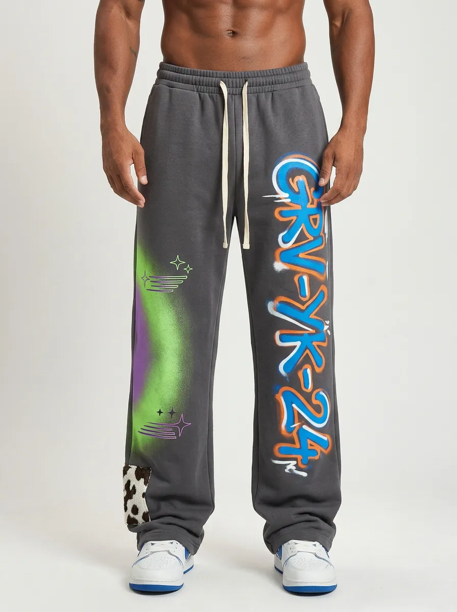 Men's Streetwear Graffiti Logo Animal Patch Printed Sweatpants
