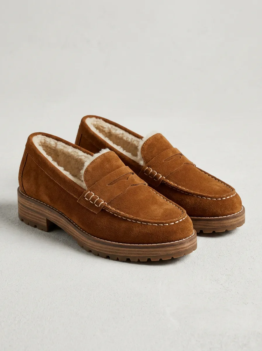 Women's Modern Faux Fur Lined Winter Suede Wood Sole Loafers