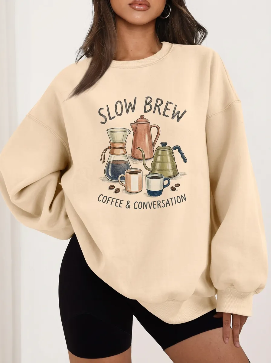 Women's Coffee Lover Slow Brew Coffee Pot Printed Sweatshirt