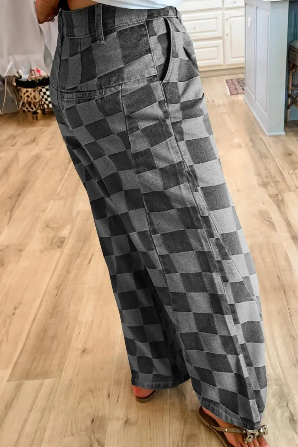 Plaid Relaxed Fit Wide Leg Pocketed Casual Jeans