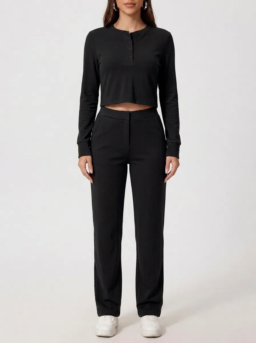 Women's Henley Cropped Top and Mock-Fly Straight-Leg Trouser Set