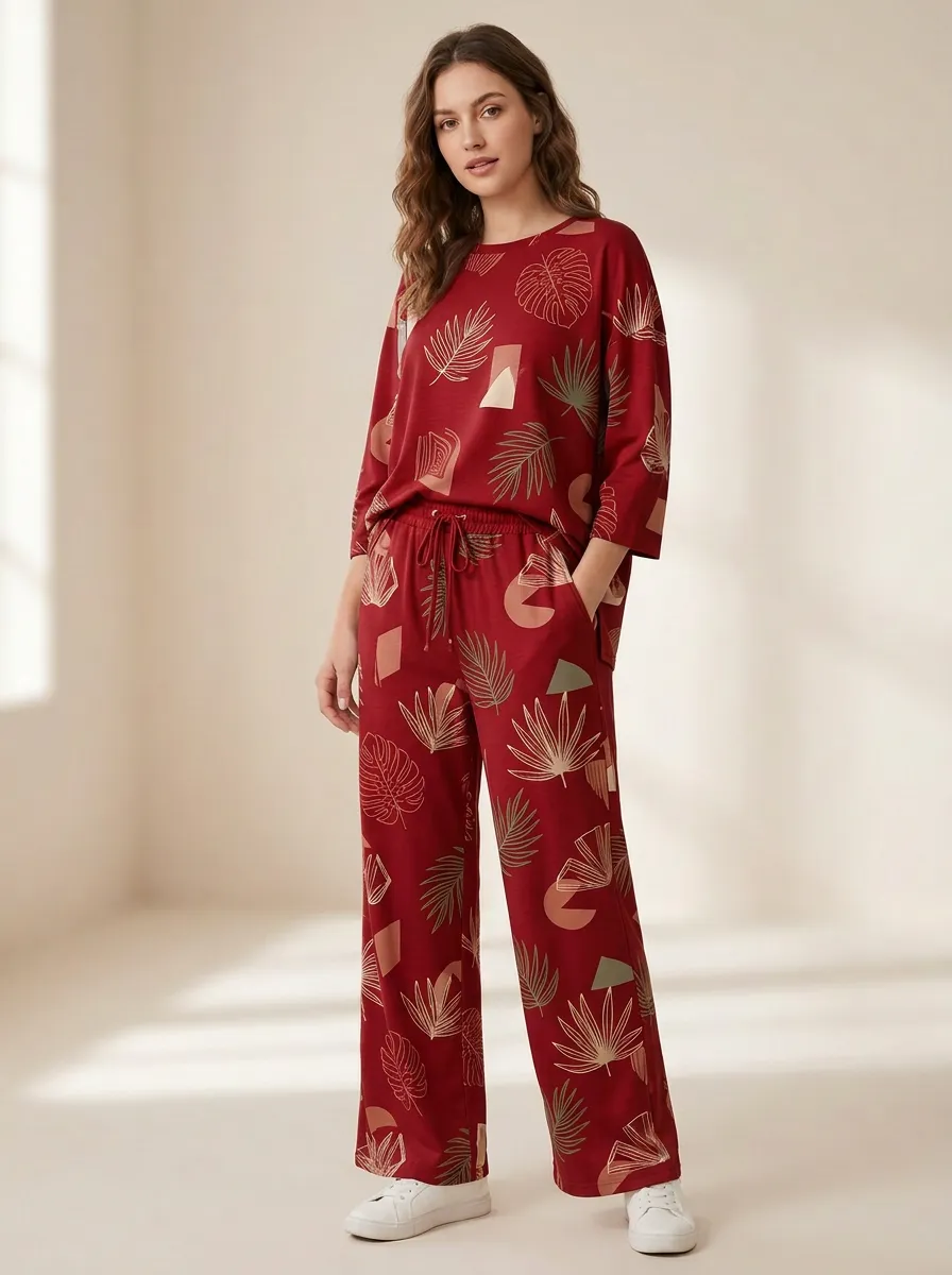 Women's Botanical Geometric Print Three-Quarter-Sleeve Top And Drawstring Straight-Leg Trouser Lounge Set