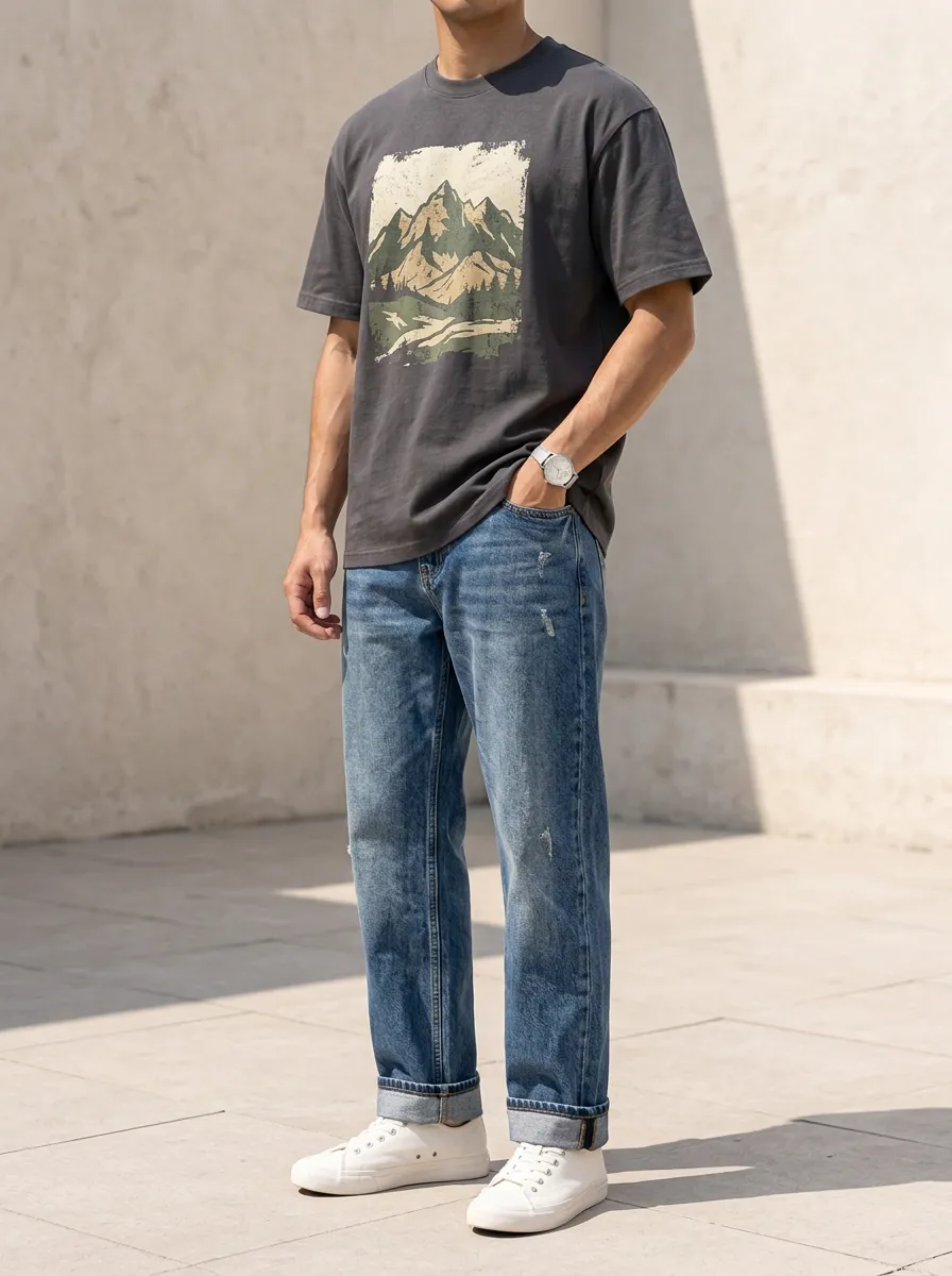 Men's Mountain Nature Lover Graphic Printed T-Shirt and Jeans Set
