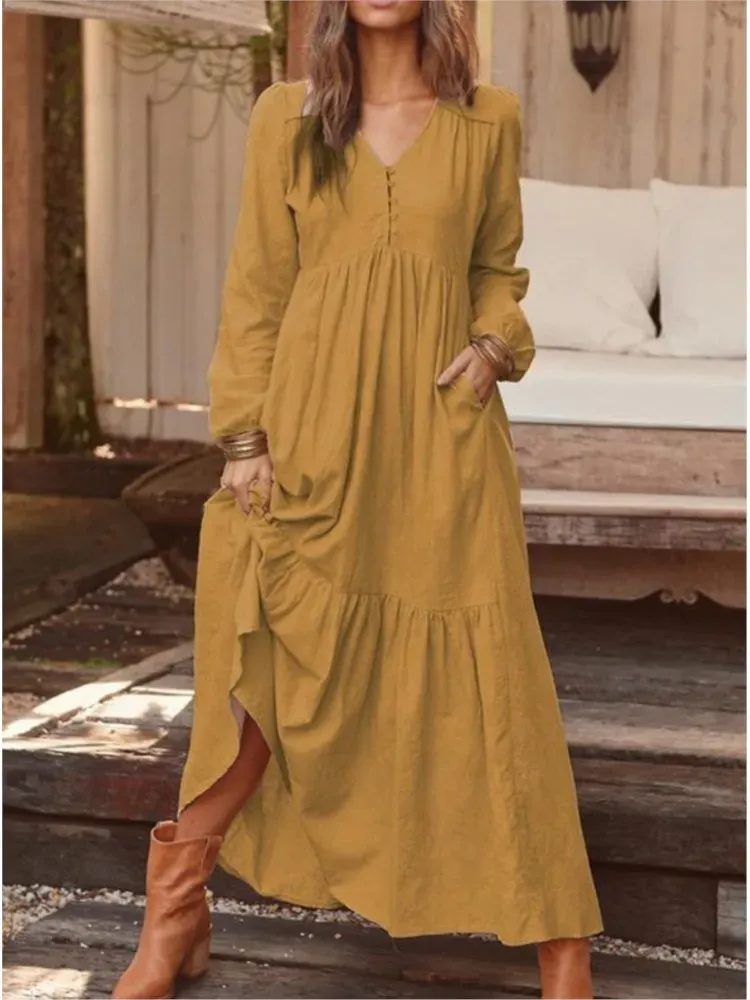 Long Sleeve Linen Blend Cotton Blend Maxi Tie Detail Dress