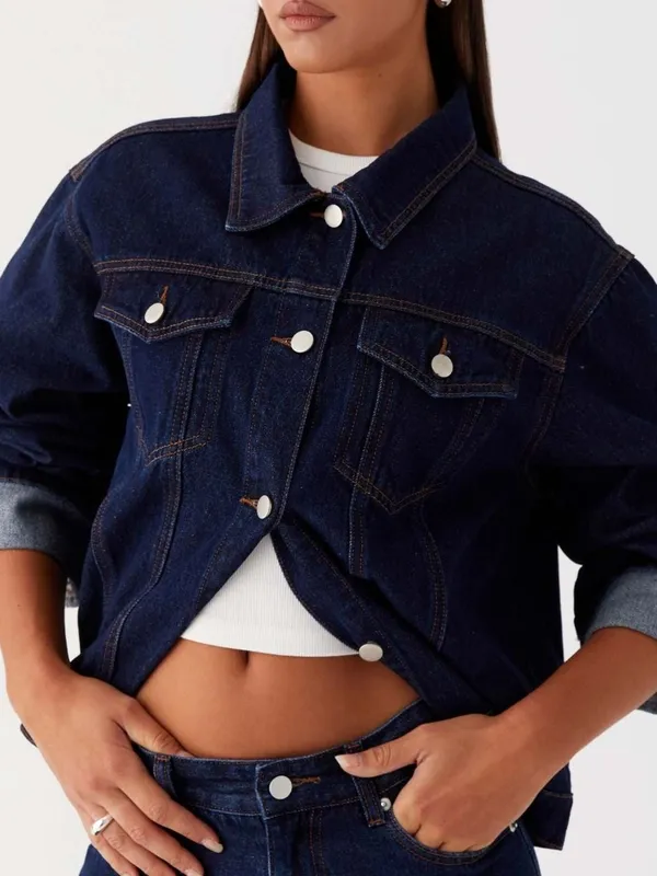 Button-Down Cropped Oversized Denim Jacket
