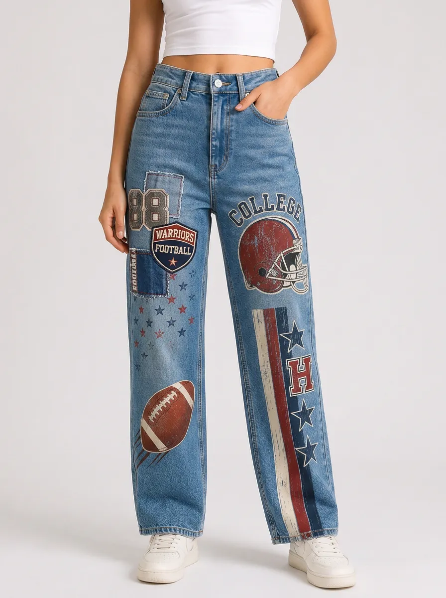Women's Football Fan College Helmet Star Printed Jeans