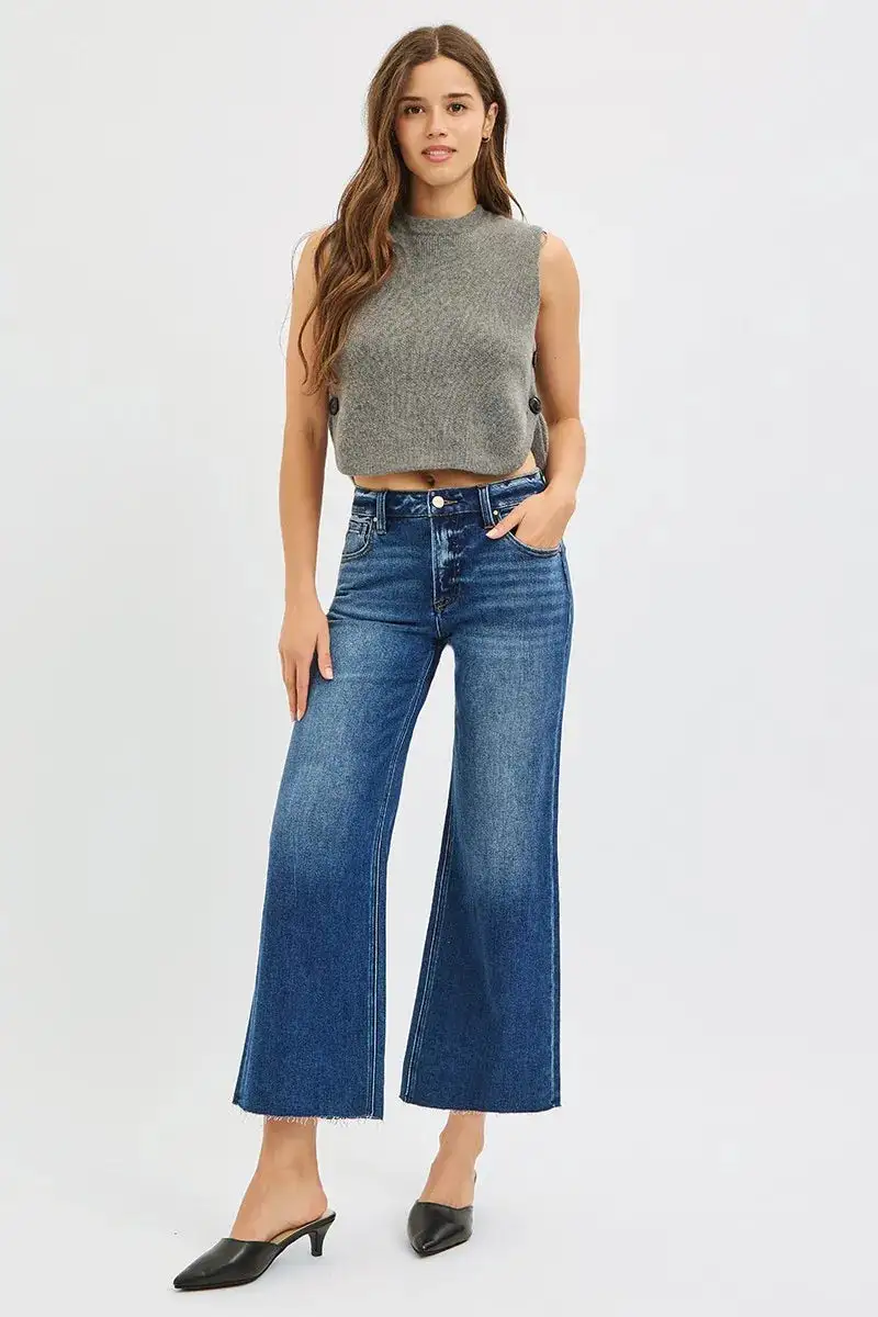 Mid Rise Wide Leg Raw Denim Jeans