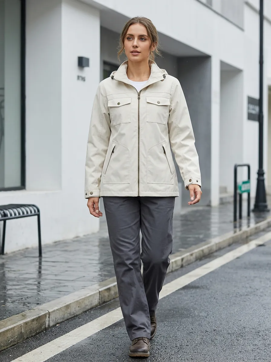 Women's Beige Hooded Waterproof Jacket