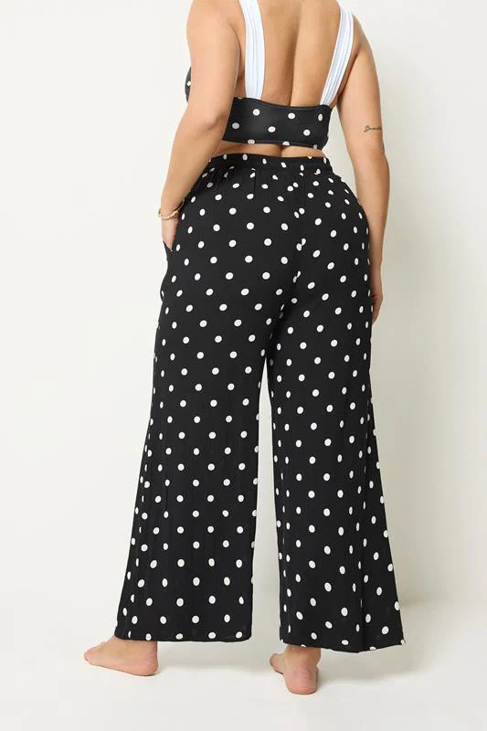 Black Polka Dot Crinkle Beachwear Wide Leg Trousers detail 3