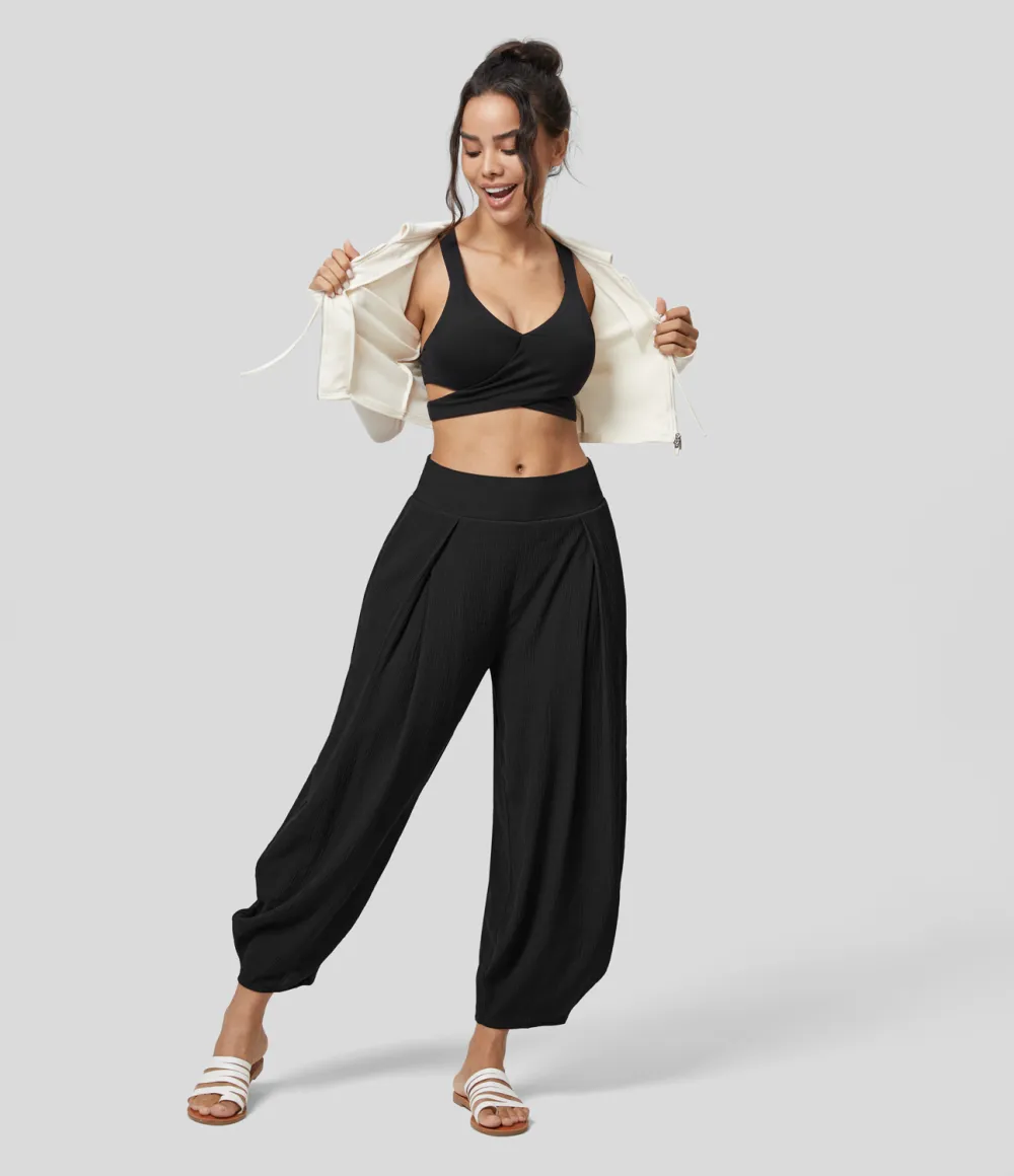 High Waisted Back Elastic Side Pocket Plicated Barrel Leg Casual Joggers