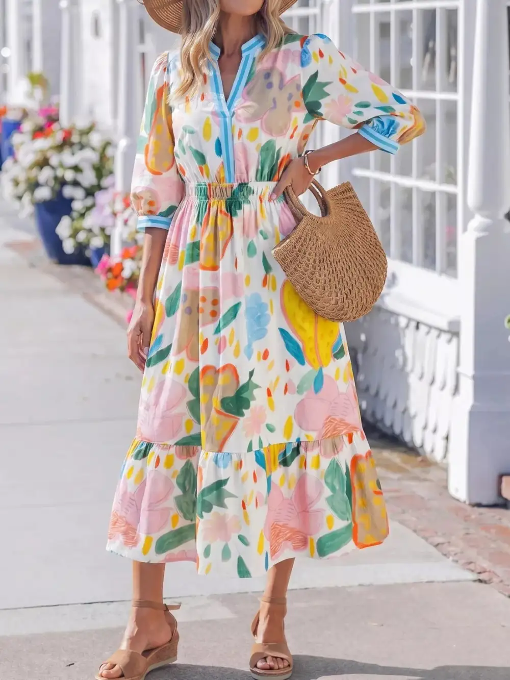 Multicolour Doodle Print Trim V Neck Midi Dress