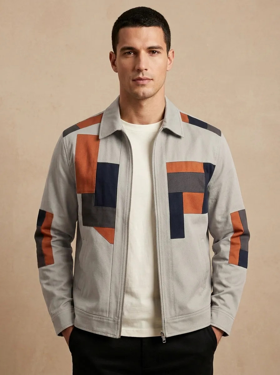 Men's Casual Fashion Colorblock Patchwork Printed Jacket