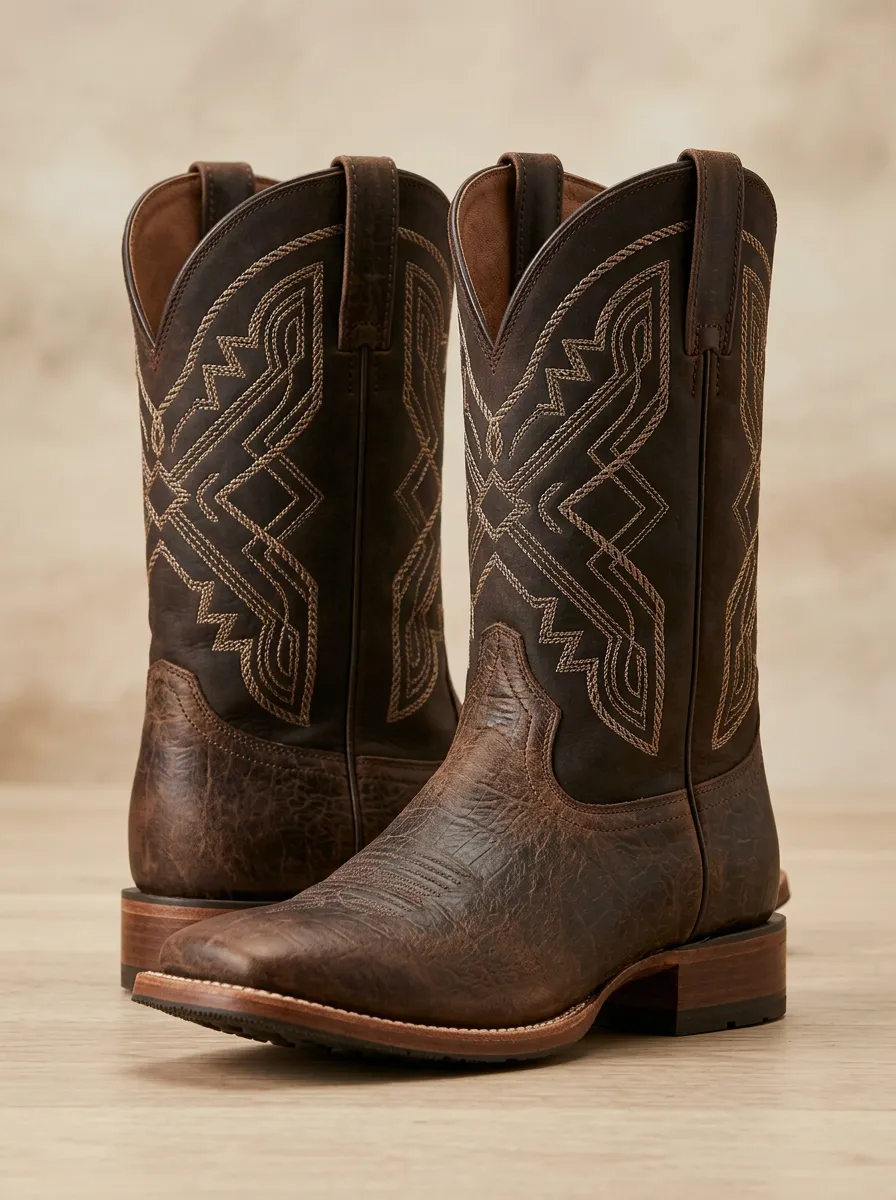 Trail Embroidered Distressed Leather-Look Style Men's Western Cowboy Boots