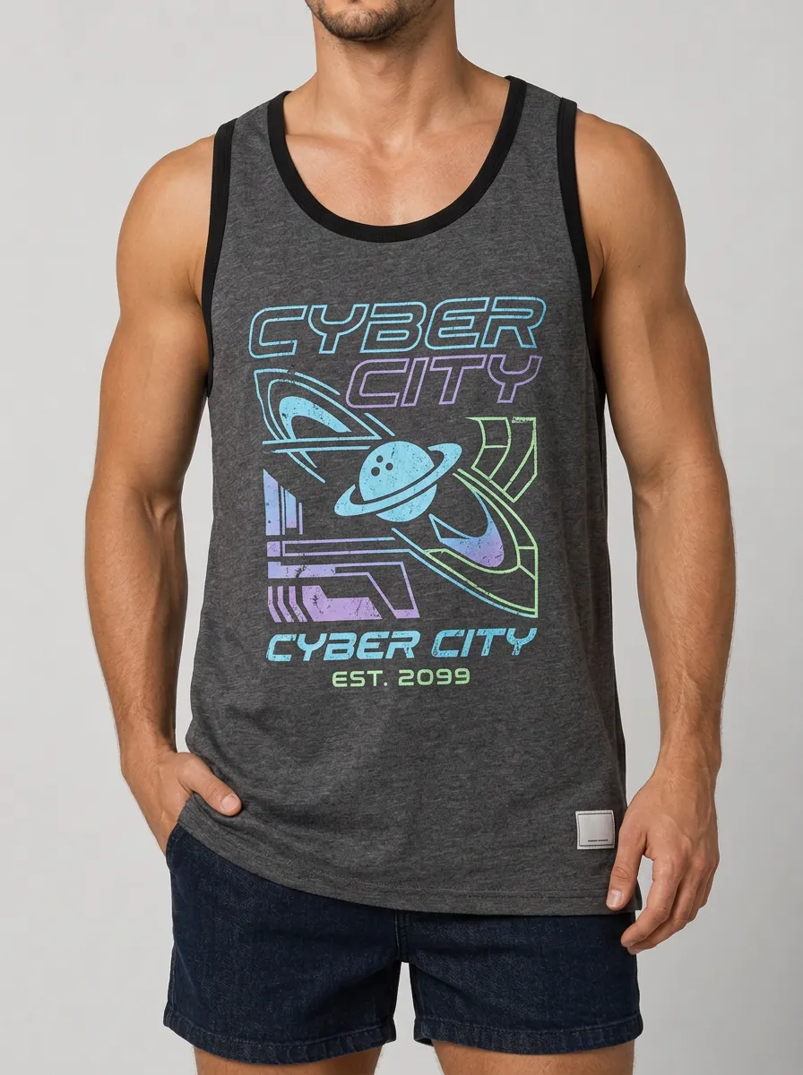 Men's Cyber City Sci-Fi Planet Printed Tank Top
