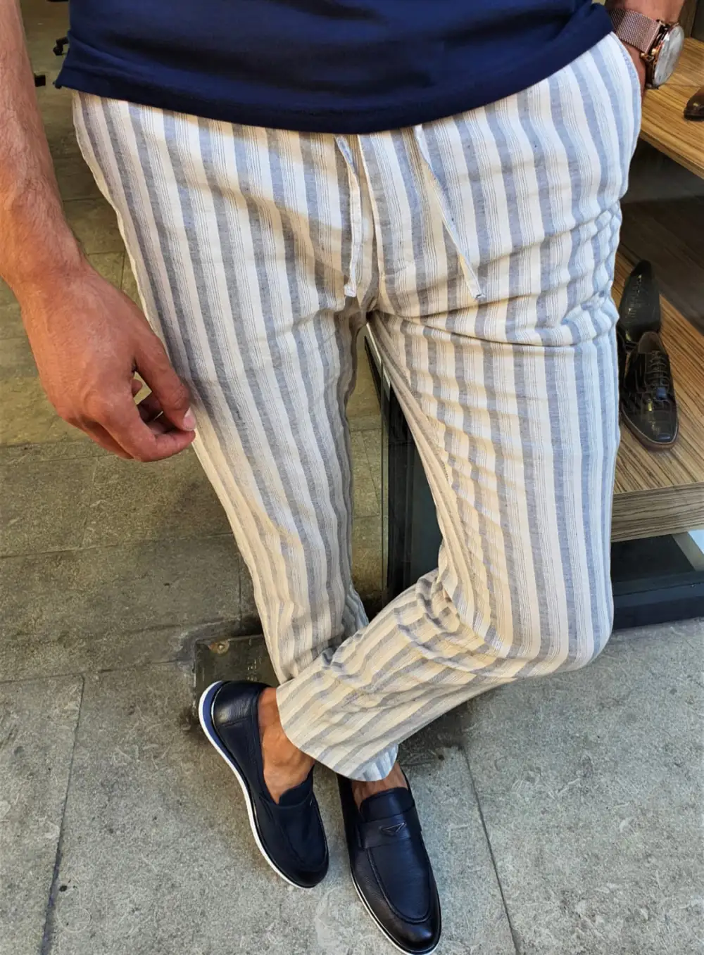 Slim Fit Striped Linen Tailored Trousers